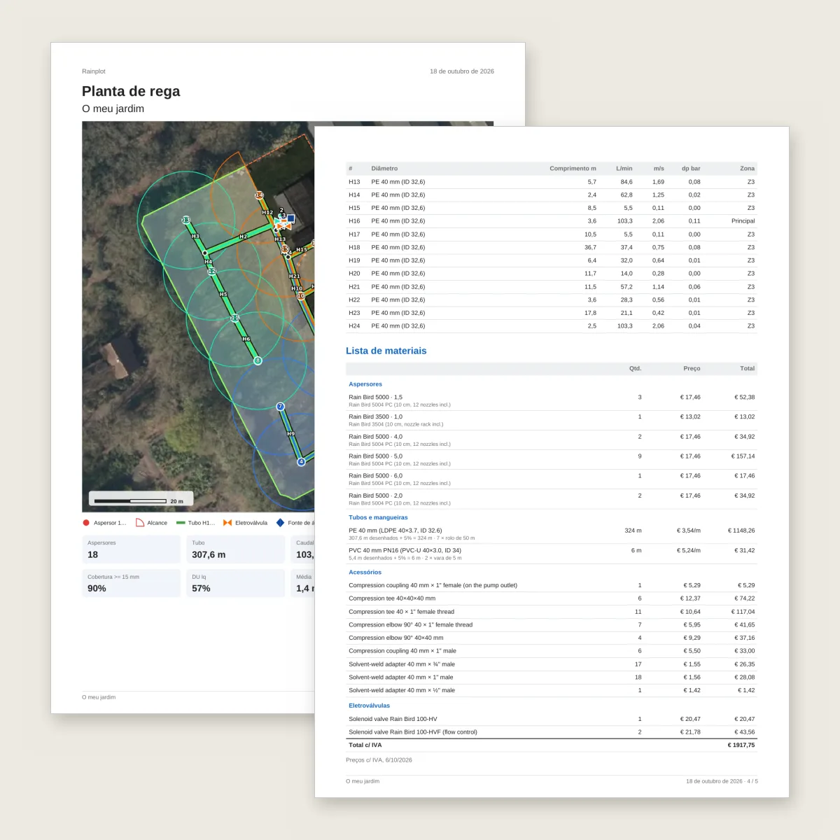 Duas páginas da planta em PDF: a vista geral e a lista de materiais